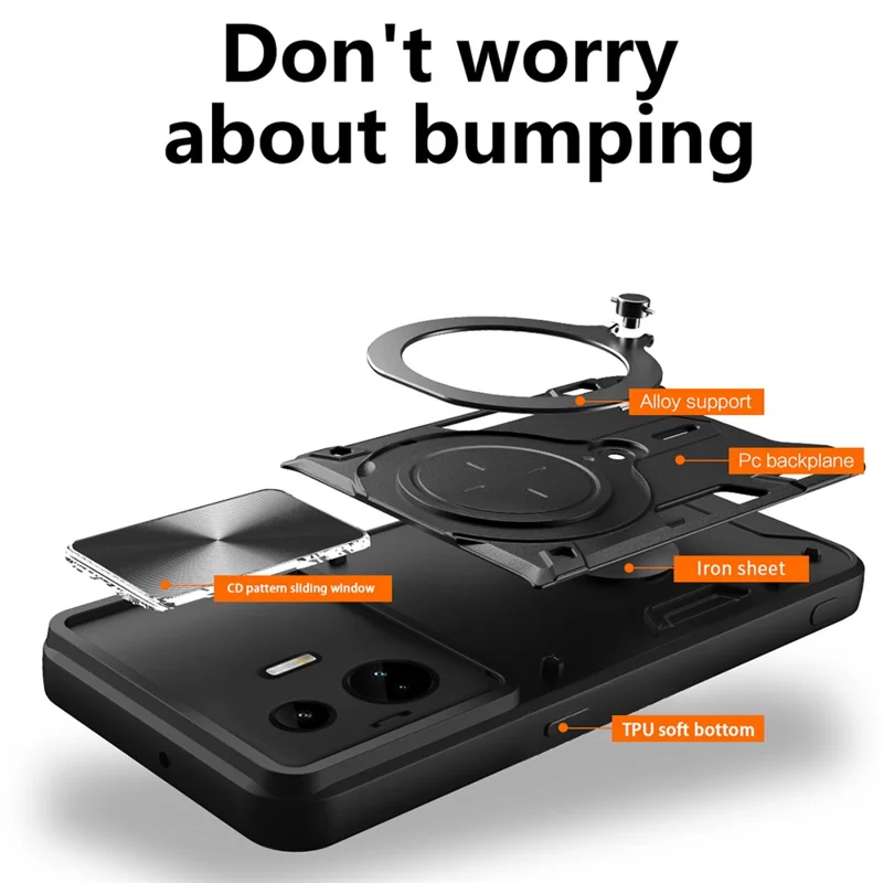 For Realme GT3 5G / GT Neo 5 5G PC+TPU Rotate Kickstand Cover Slide Lens Protection Shockproof Phone Case - Black