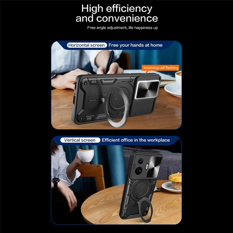For Realme GT3 5G / GT Neo 5 5G PC+TPU Rotate Kickstand Cover Slide Lens Protection Shockproof Phone Case - Black