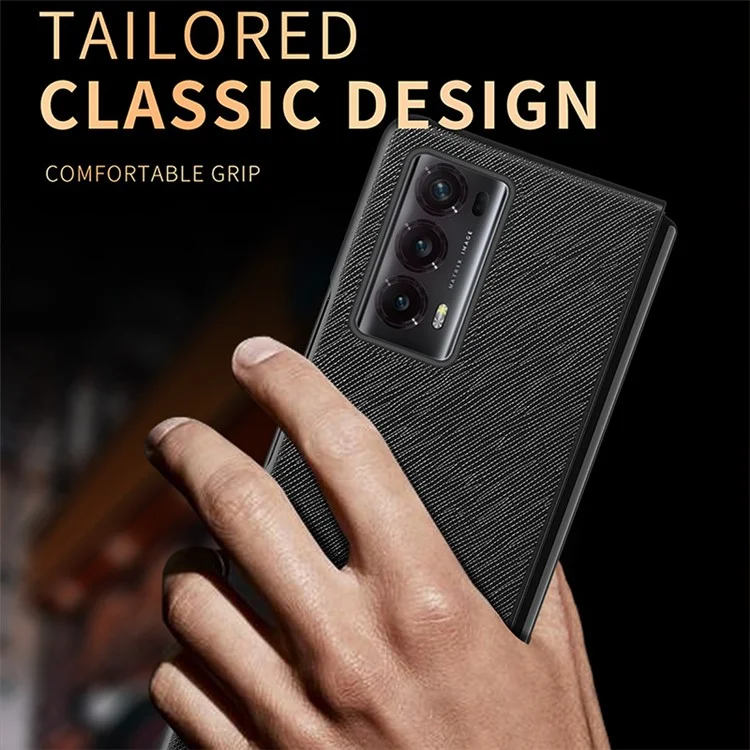 For Honor Magic V2 5G Custodia per telefono in pelle PU + PC Finitura gommata Texture a croce Copertura pieghevole - Nero