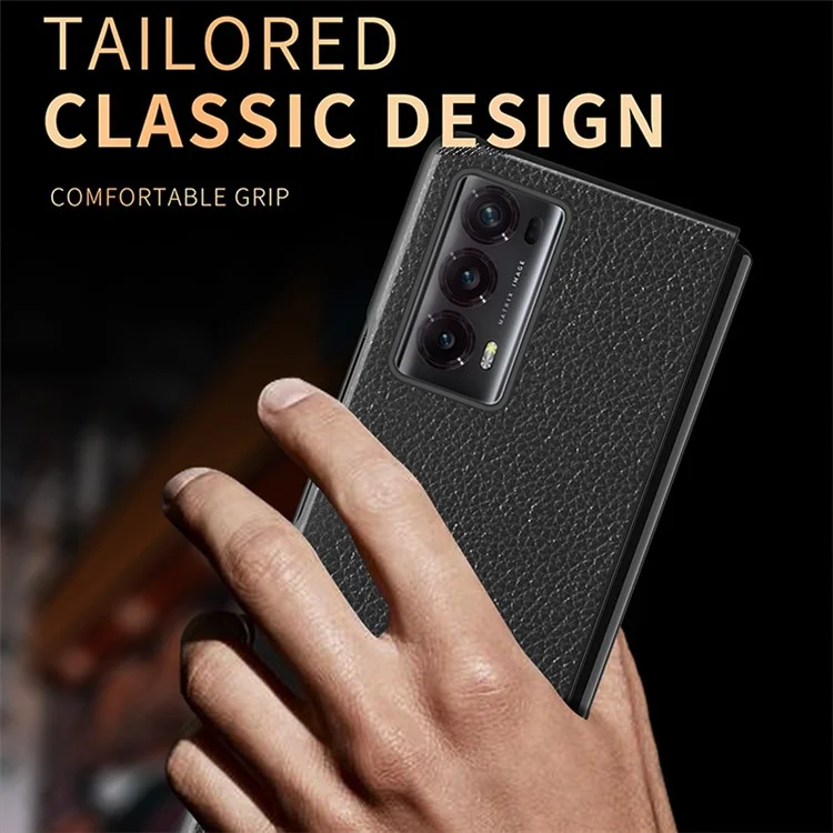 For Honor Magic V2 5G PU Leather Coated PC Phone Case Litchi Texture Rubberized Shockproof Cover - Black