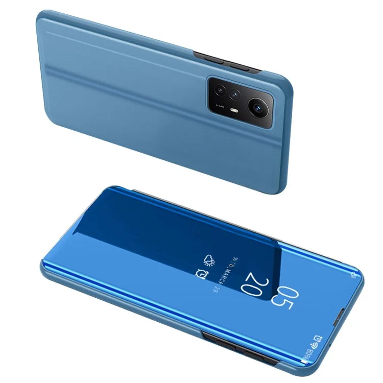 Spiegel Oberfläche Handyhülle für Xiaomi Redmi Note 12S 4G View Window Elektroplattierung Leder Hülle - Blau