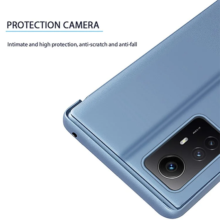 Spiegel Oberfläche Handyhülle für Xiaomi Redmi Note 12S 4G View Window Elektroplattierung Leder Hülle - Blau