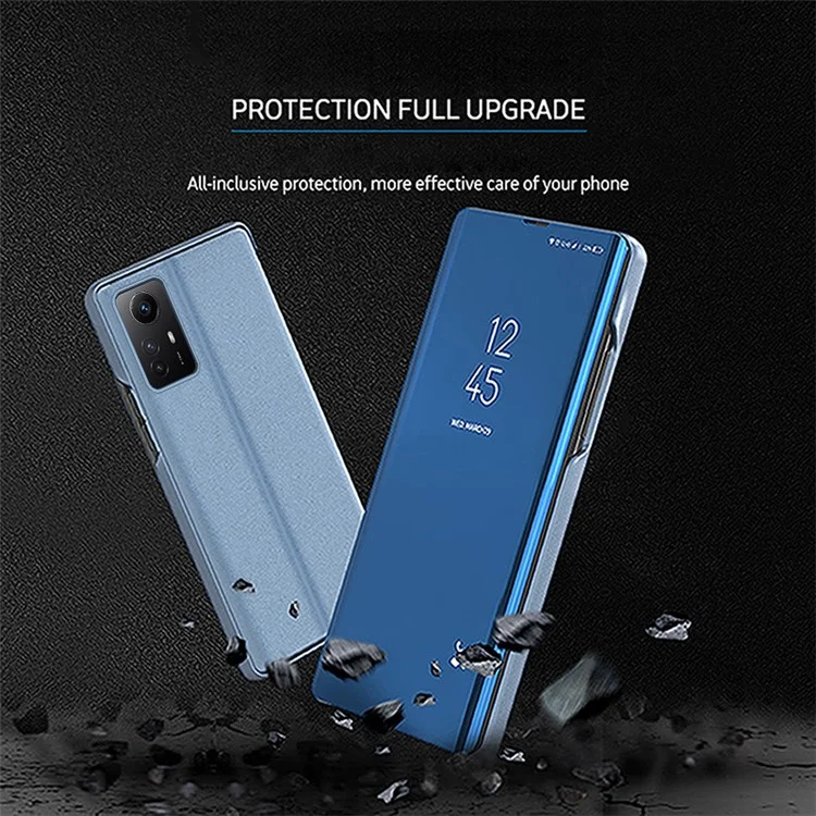 Spiegel Oberfläche Handyhülle für Xiaomi Redmi Note 12S 4G View Window Elektroplattierung Leder Hülle - Blau