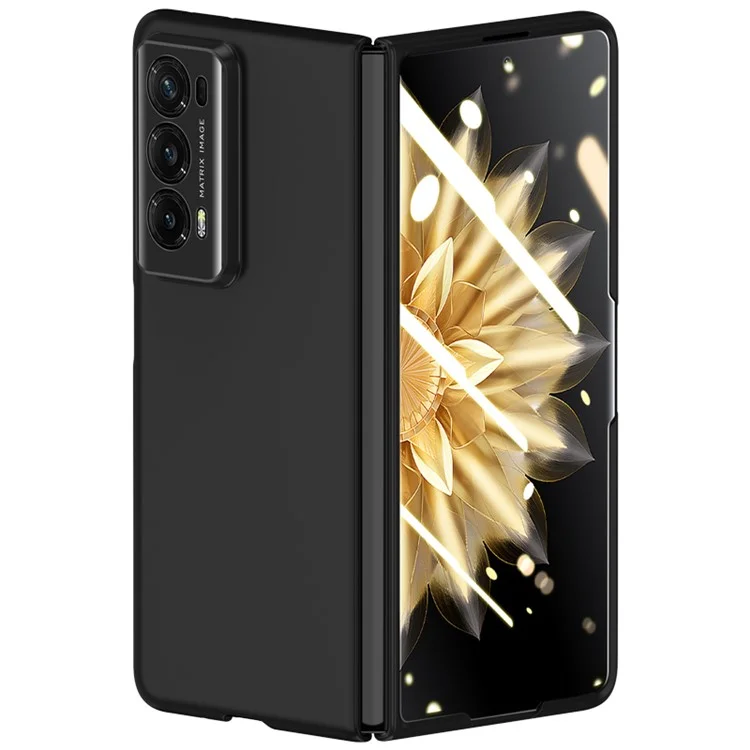 For Honor Magic V2 5G Skin-touch PU Leather + PC Cover Phone Case with Tempered Glass Film (Support Fingerprint Unlock) - Black