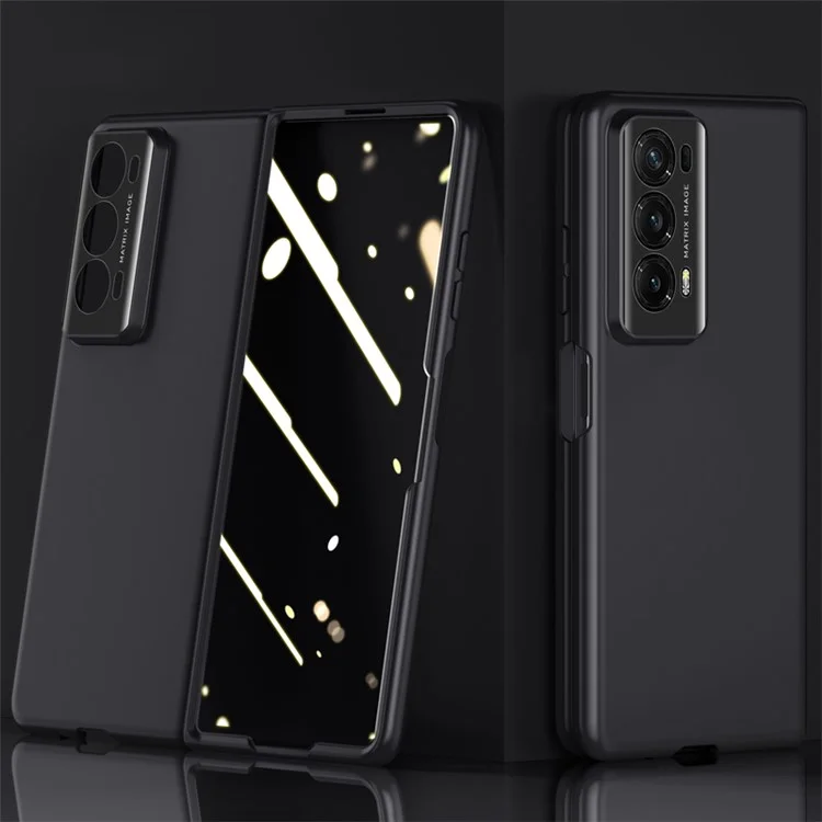 For Honor Magic V2 5G Skin-touch PU Leather + PC Cover Phone Case with Tempered Glass Film (Support Fingerprint Unlock) - Black