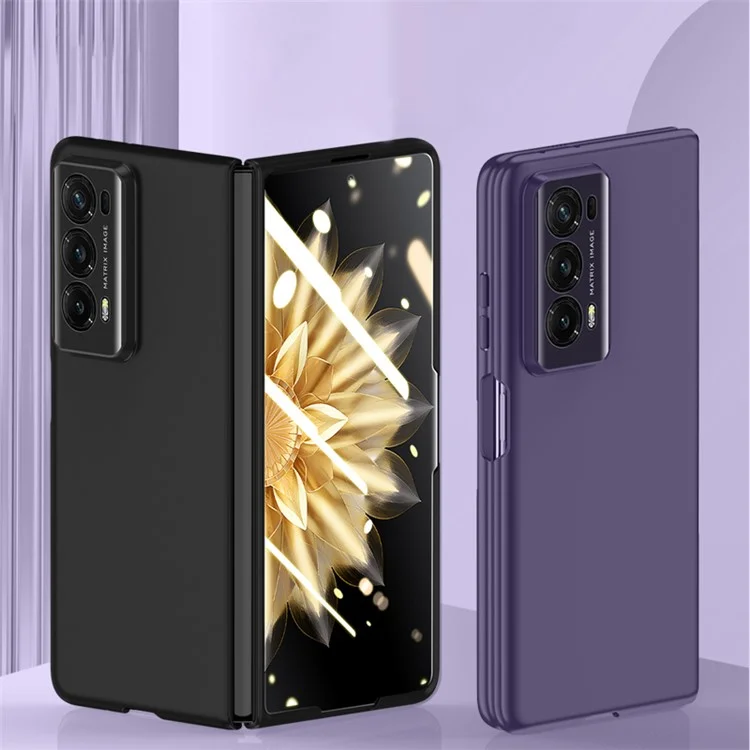 For Honor Magic V2 5G Skin-touch PU Leather + PC Cover Phone Case with Tempered Glass Film (Support Fingerprint Unlock) - Black