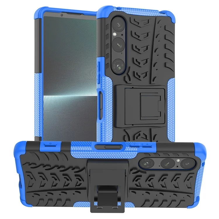 For Sony Xperia 1 V Drop Proof Tyre Pattern PC+TPU Phone Case Kickstand Phone Cover - Blue
