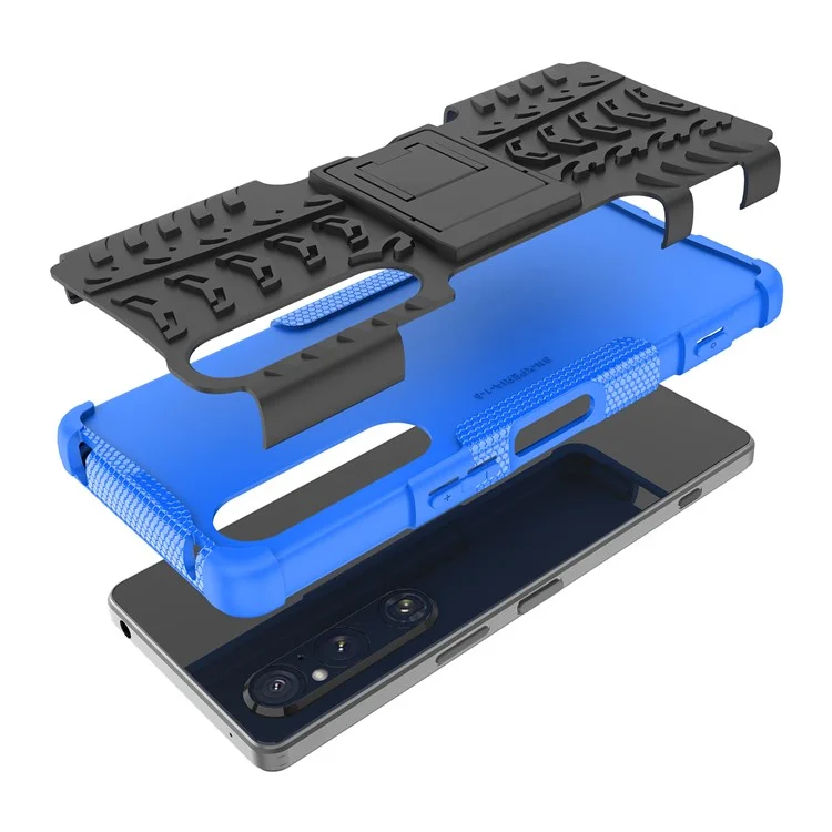 For Sony Xperia 1 V Drop Proof Tyre Pattern PC+TPU Phone Case Kickstand Phone Cover - Blue