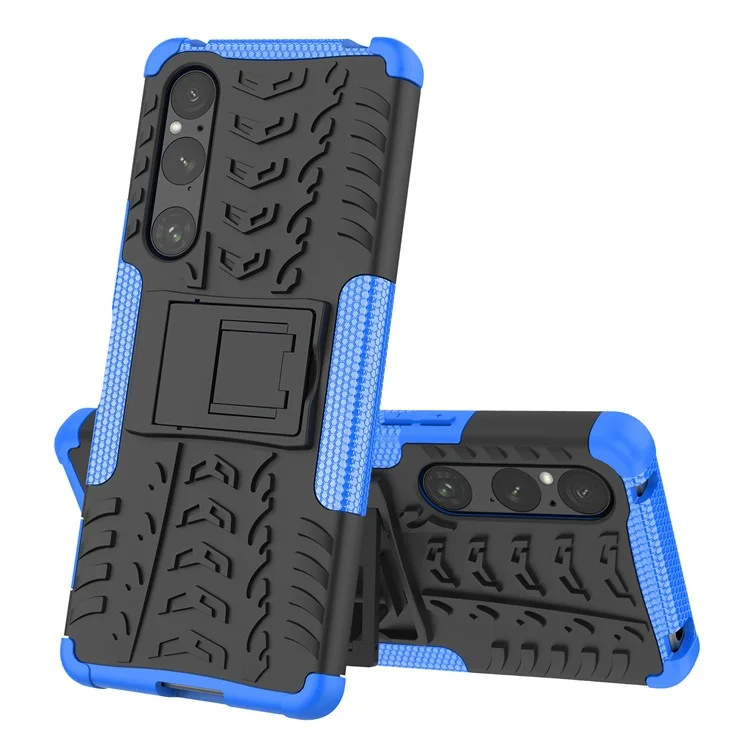 For Sony Xperia 1 V Drop Proof Tyre Pattern PC+TPU Phone Case Kickstand Phone Cover - Blue