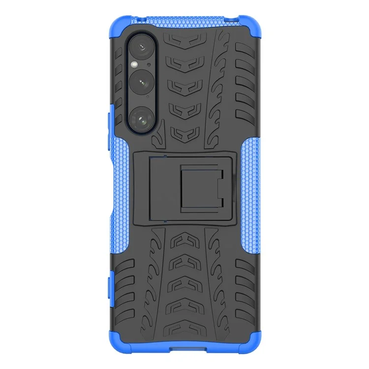 For Sony Xperia 1 V Drop Proof Tyre Pattern PC+TPU Phone Case Kickstand Phone Cover - Blue