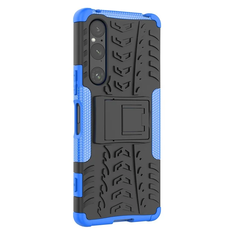 For Sony Xperia 1 V Drop Proof Tyre Pattern PC+TPU Phone Case Kickstand Phone Cover - Blue