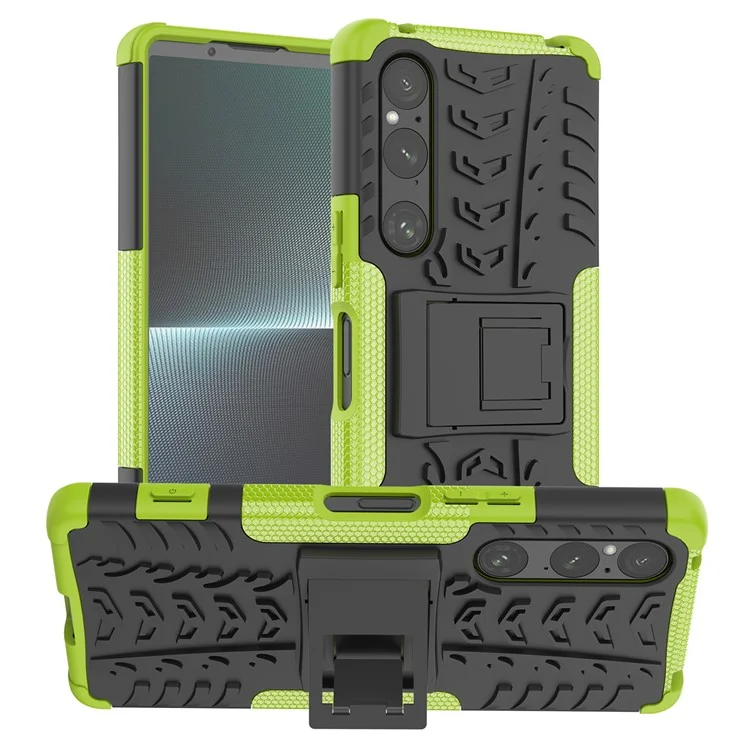 Für Sony Xperia 1 V Fallschutz-Reifenmuster PC+TPU Handyhülle Kickstand Handyhülle - Grün