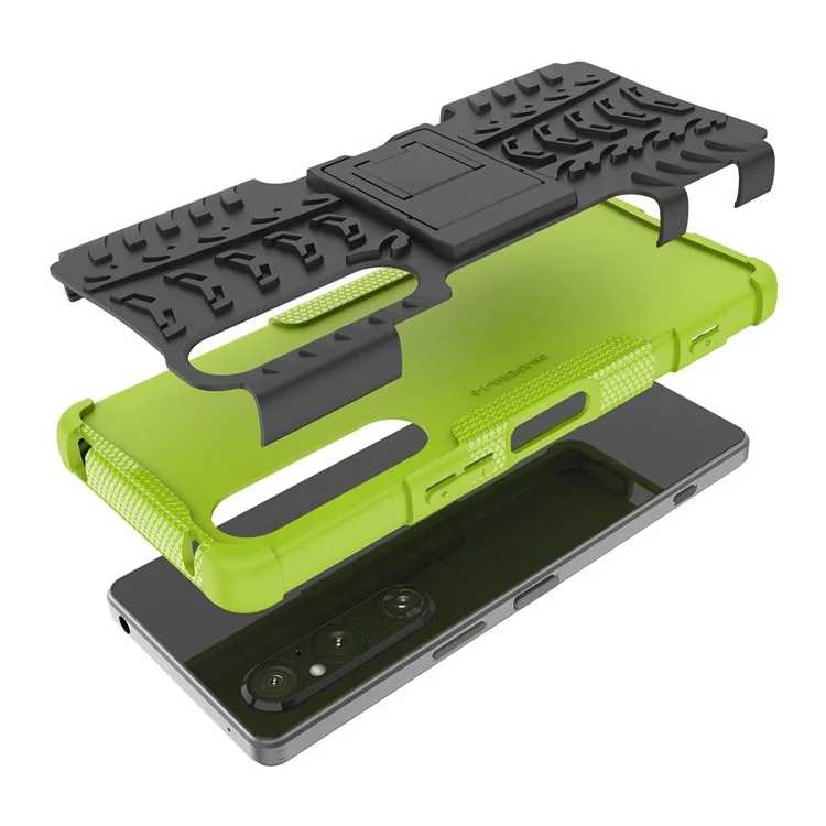 Für Sony Xperia 1 V Fallschutz-Reifenmuster PC+TPU Handyhülle Kickstand Handyhülle - Grün