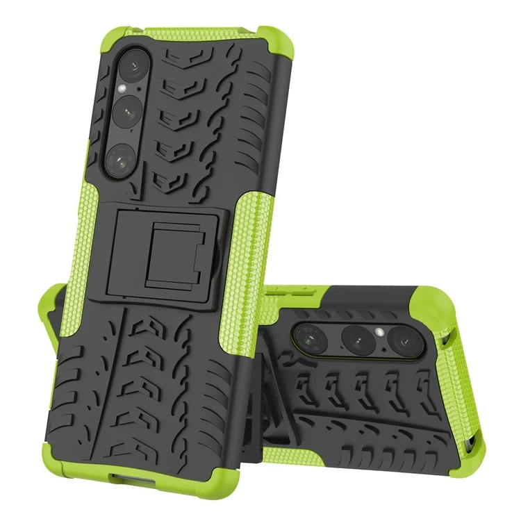 Für Sony Xperia 1 V Fallschutz-Reifenmuster PC+TPU Handyhülle Kickstand Handyhülle - Grün