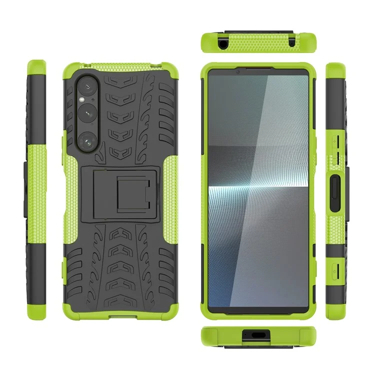 Für Sony Xperia 1 V Fallschutz-Reifenmuster PC+TPU Handyhülle Kickstand Handyhülle - Grün