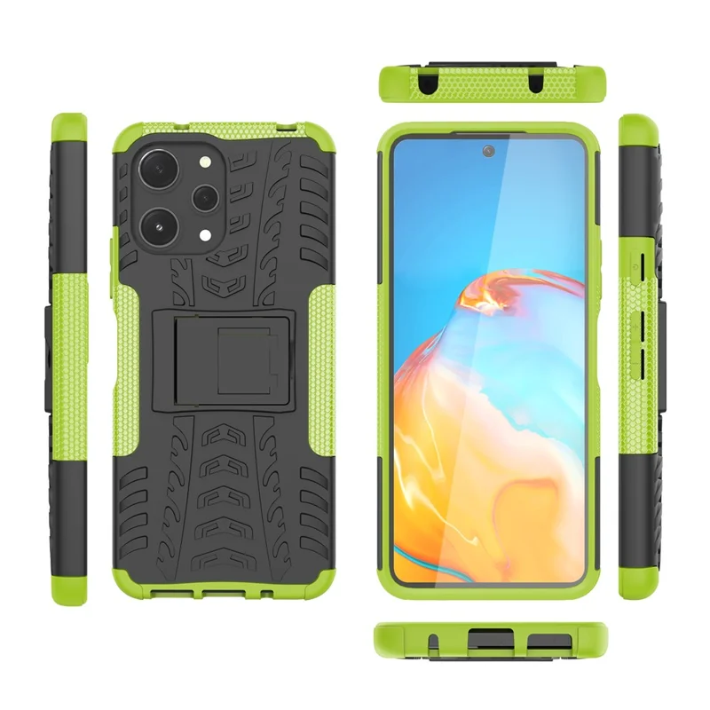 Für Xiaomi Redmi 12 4G stoßfestes Reifenmuster PC+TPU-Handyhülle mit Ständer - Grün