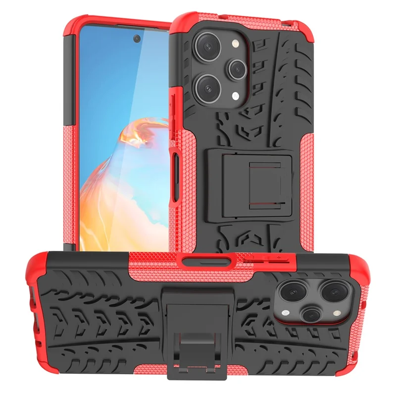 For Xiaomi Redmi 12 4G Shockproof Tyre Pattern PC+TPU Phone Case Kickstand Phone Cover - Red