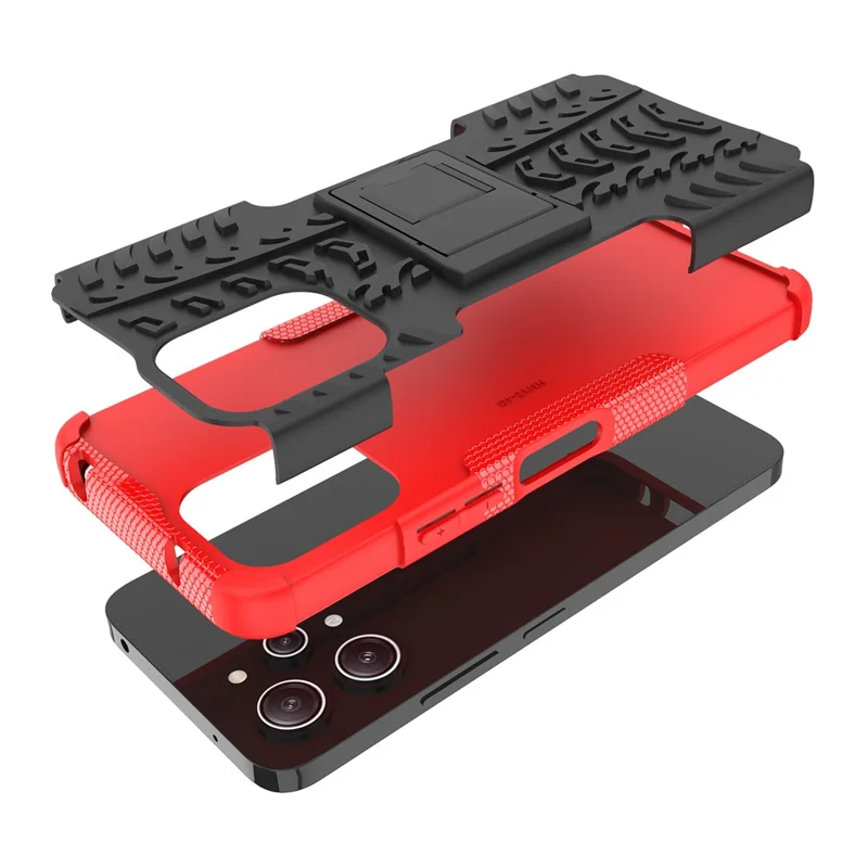 For Xiaomi Redmi 12 4G Shockproof Tyre Pattern PC+TPU Phone Case Kickstand Phone Cover - Red