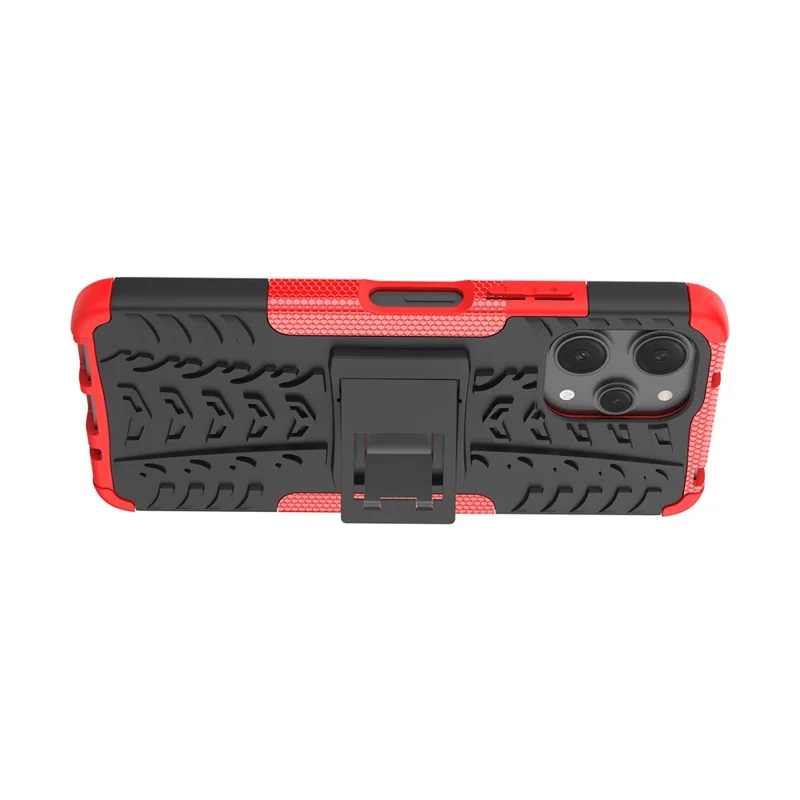 For Xiaomi Redmi 12 4G Shockproof Tyre Pattern PC+TPU Phone Case Kickstand Phone Cover - Red