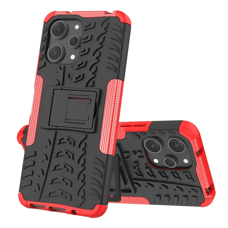 For Xiaomi Redmi 12 4G Shockproof Tyre Pattern PC+TPU Phone Case Kickstand Phone Cover - Red
