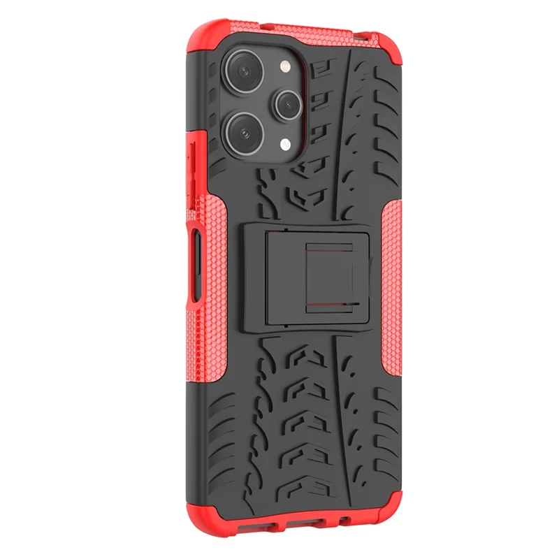 For Xiaomi Redmi 12 4G Shockproof Tyre Pattern PC+TPU Phone Case Kickstand Phone Cover - Red