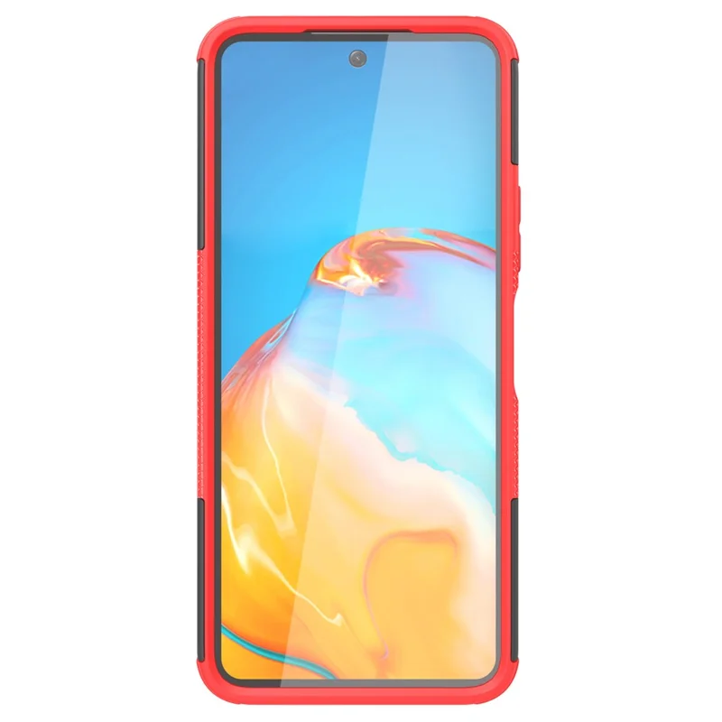 For Xiaomi Redmi 12 4G Shockproof Tyre Pattern PC+TPU Phone Case Kickstand Phone Cover - Red