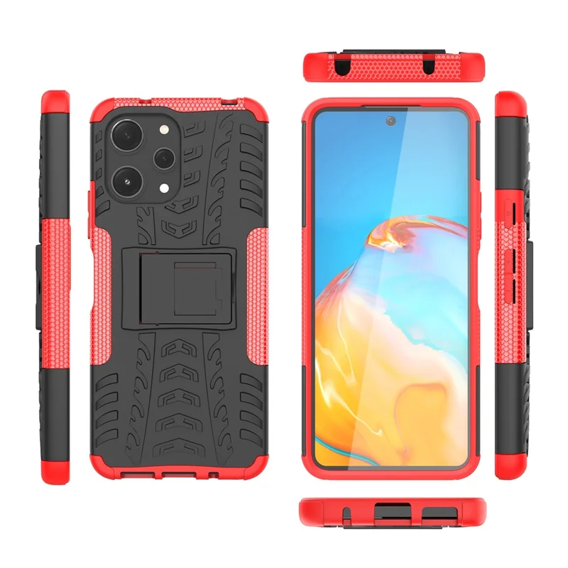 For Xiaomi Redmi 12 4G Shockproof Tyre Pattern PC+TPU Phone Case Kickstand Phone Cover - Red