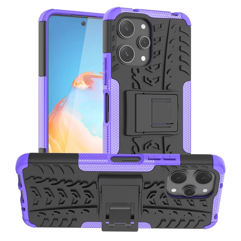 For Xiaomi Redmi 12 4G Shockproof Tyre Pattern PC+TPU Phone Case Kickstand Phone Cover - Purple