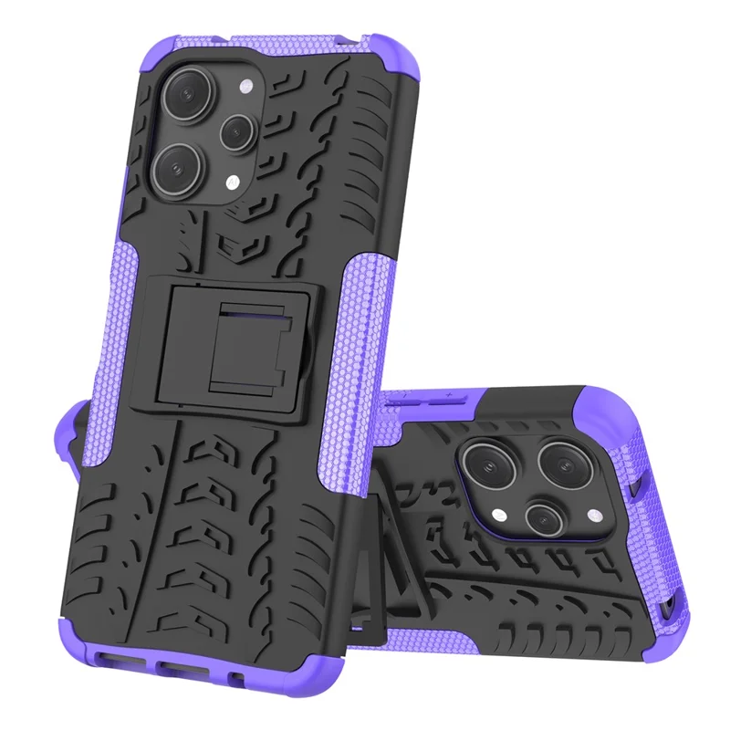 For Xiaomi Redmi 12 4G Shockproof Tyre Pattern PC+TPU Phone Case Kickstand Phone Cover - Purple