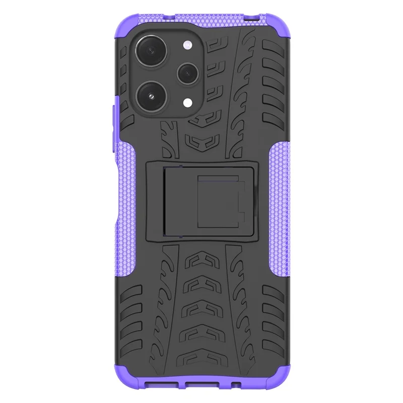 For Xiaomi Redmi 12 4G Shockproof Tyre Pattern PC+TPU Phone Case Kickstand Phone Cover - Purple