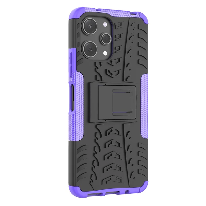 For Xiaomi Redmi 12 4G Shockproof Tyre Pattern PC+TPU Phone Case Kickstand Phone Cover - Purple