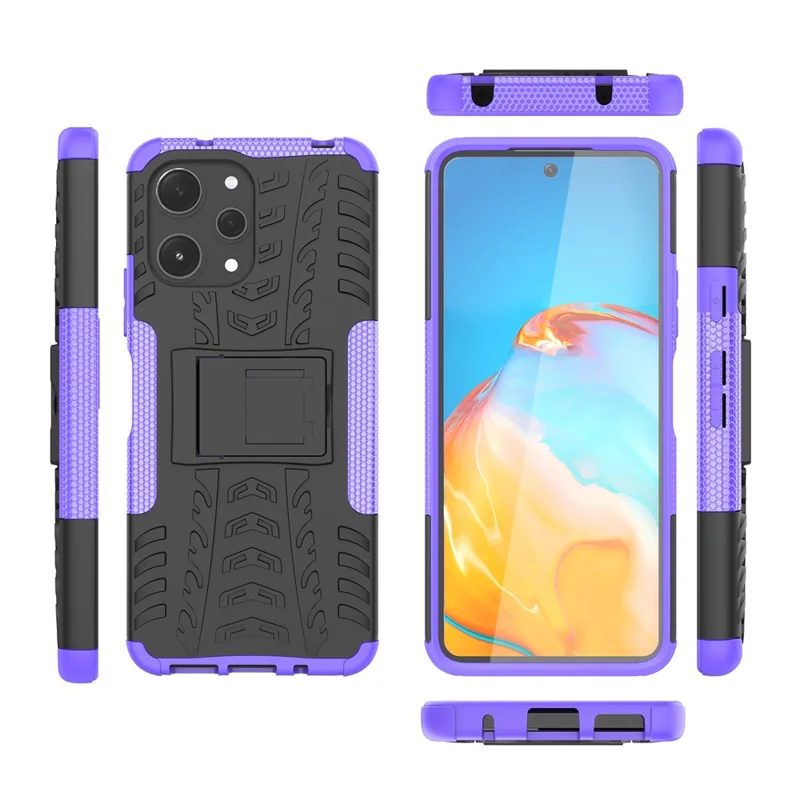 For Xiaomi Redmi 12 4G Shockproof Tyre Pattern PC+TPU Phone Case Kickstand Phone Cover - Purple