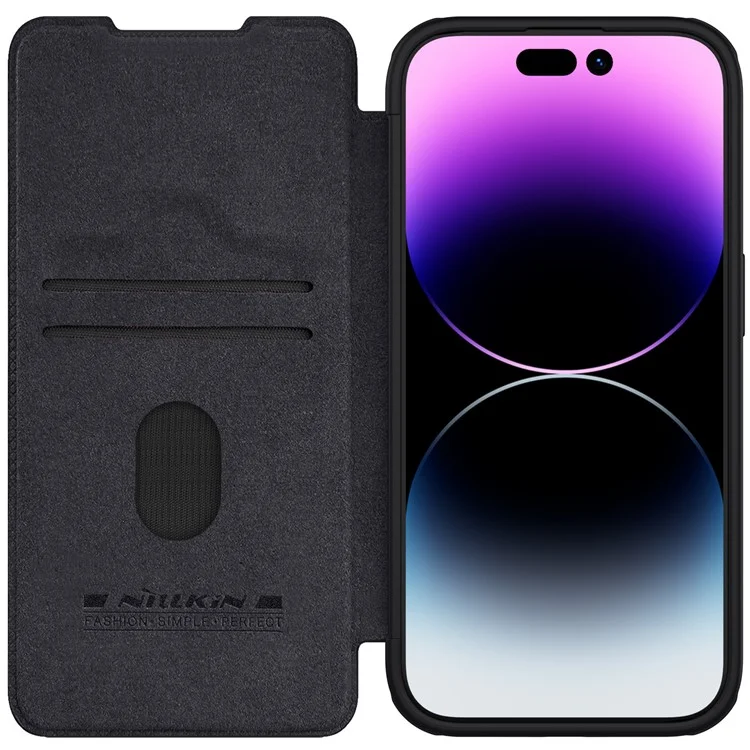 NILLKIN Qin Pro Series for iPhone 15 Pro Max PU Leather Card Holder Phone Case Slide Camera Lid Anti-drop Cover - Black