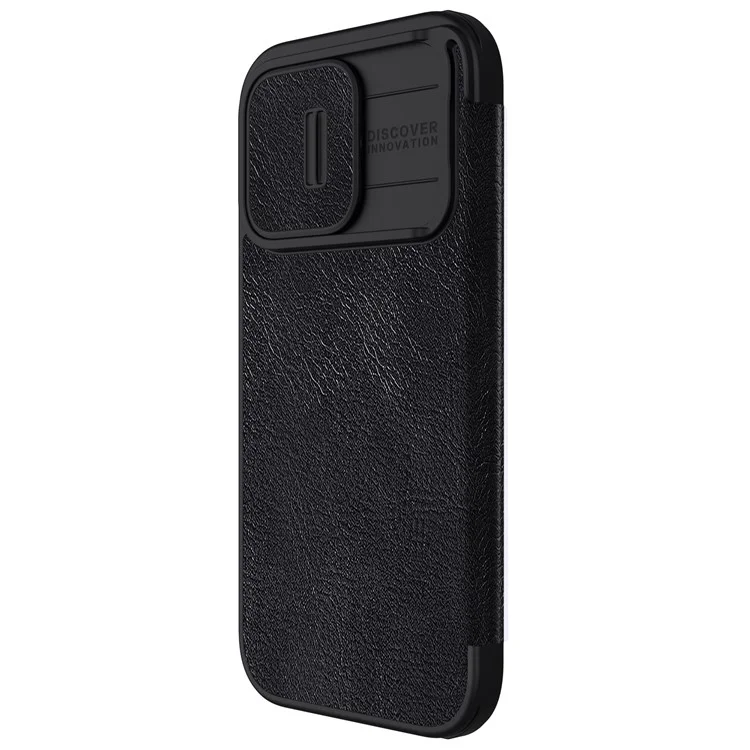 NILLKIN Qin Pro Series for iPhone 15 Pro Max PU Leather Card Holder Phone Case Slide Camera Lid Anti-drop Cover - Black