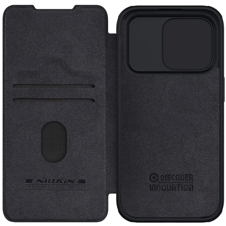 NILLKIN Qin Pro Series for iPhone 15 Pro Max PU Leather Card Holder Phone Case Slide Camera Lid Anti-drop Cover - Black