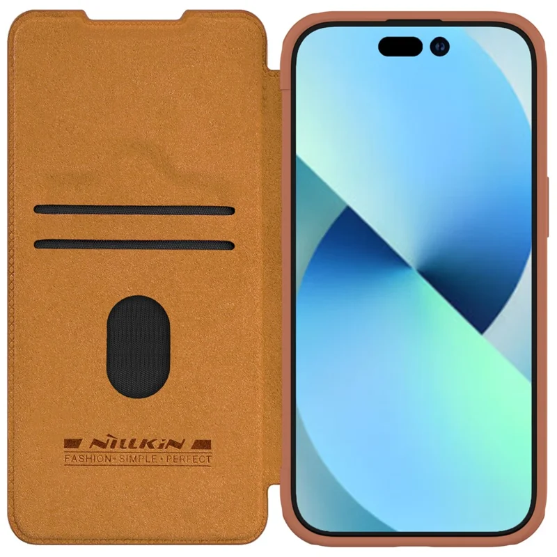 NILLKIN Qin Pro Series для iPhone 15 Plus Slide Camera Lid PU Leather Phone Case Protective Cover with Card Slot - Brown