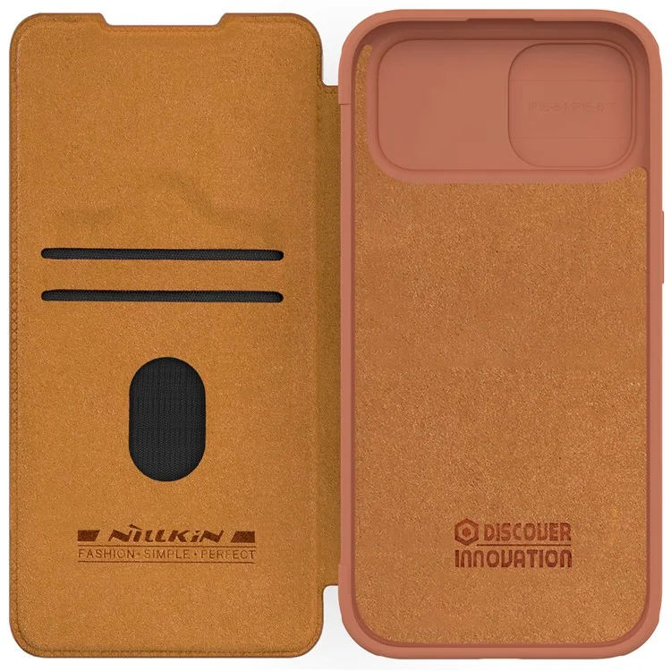 NILLKIN Qin Pro Series для iPhone 15 Plus Slide Camera Lid PU Leather Phone Case Protective Cover with Card Slot - Brown