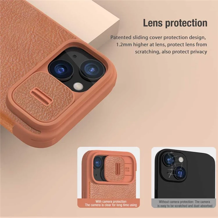 NILLKIN Qin Pro Series для iPhone 15 Plus Slide Camera Lid PU Leather Phone Case Protective Cover with Card Slot - Brown