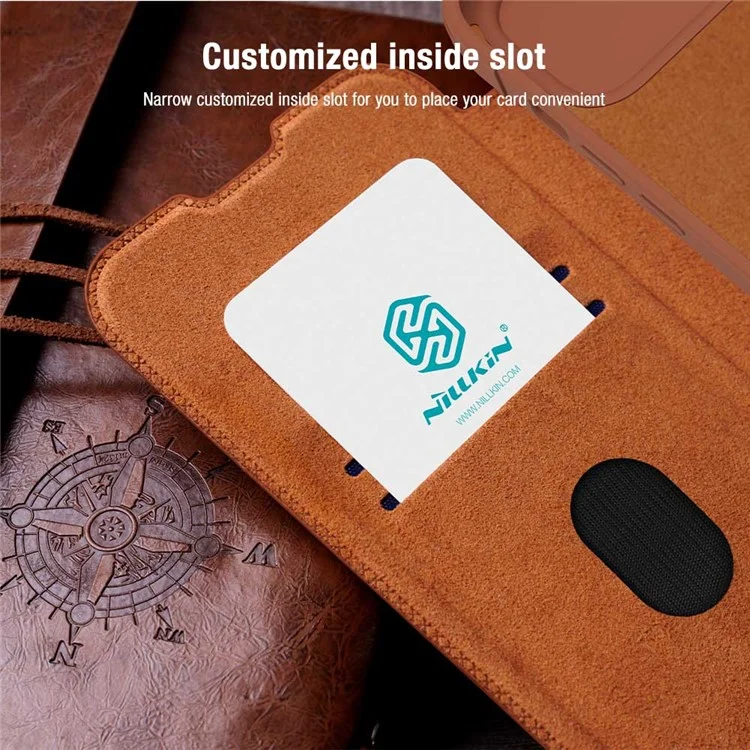 NILLKIN Qin Pro Series для iPhone 15 Plus Slide Camera Lid PU Leather Phone Case Protective Cover with Card Slot - Brown