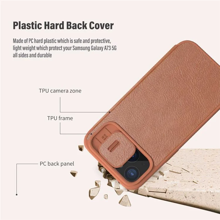 NILLKIN Qin Pro Series для iPhone 15 Plus Slide Camera Lid PU Leather Phone Case Protective Cover with Card Slot - Brown