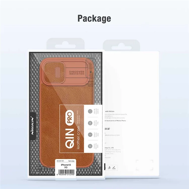 NILLKIN Qin Pro Series для iPhone 15 Plus Slide Camera Lid PU Leather Phone Case Protective Cover with Card Slot - Brown