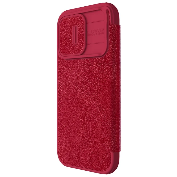 Nillkin Qin Pro-serie Für Iphone 15 Pro Slide Camera Shield PU Leder Cover Anti-drop-kartenhalter Telefon Hülle - Rot