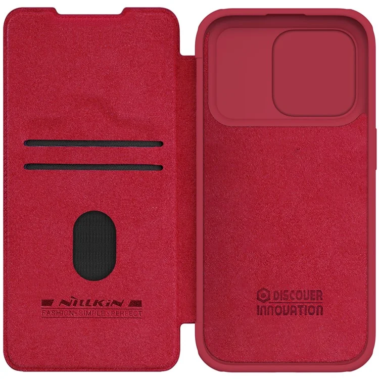 Nillkin Qin Pro-serie Für Iphone 15 Pro Slide Camera Shield PU Leder Cover Anti-drop-kartenhalter Telefon Hülle - Rot