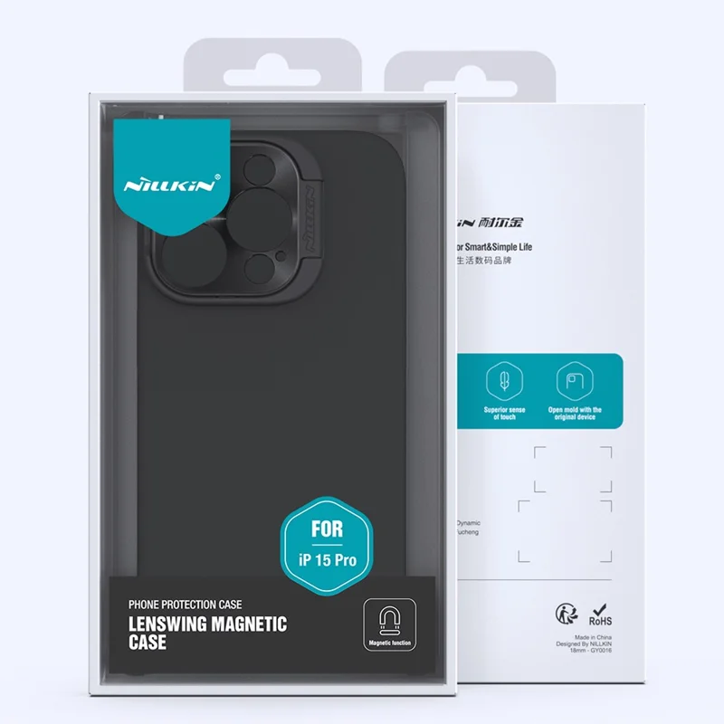 NILLKIN Lenswing Magnetic Phone Case for iPhone 15 Pro , Soft Silicone Camera Lens Frame Kickstand Cover - Blue