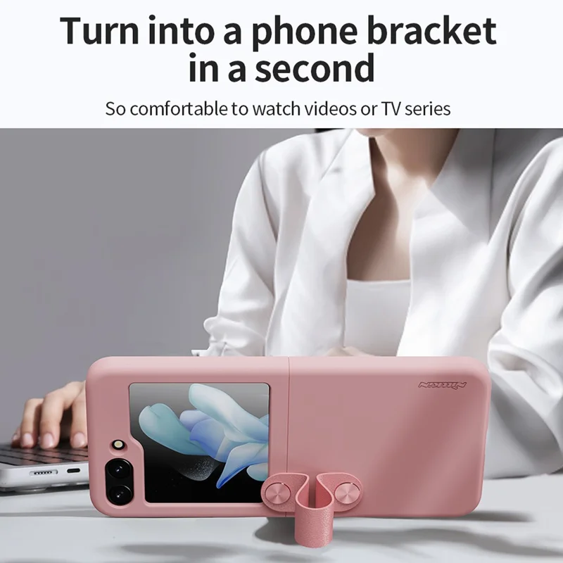 NILLKIN For Samsung Galaxy Z Flip5 5G Liquid Silicone Phone Case Finger Strap Kickstand Protective Cover - Pink