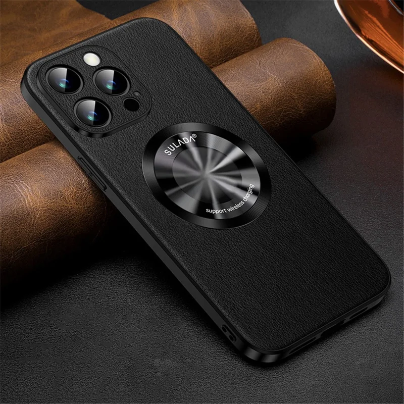 SULADA For iPhone 14 Pro Max Phone Cover Compatible with MagSafe Cowhide Texture PU Leather Coated TPU Case - Black