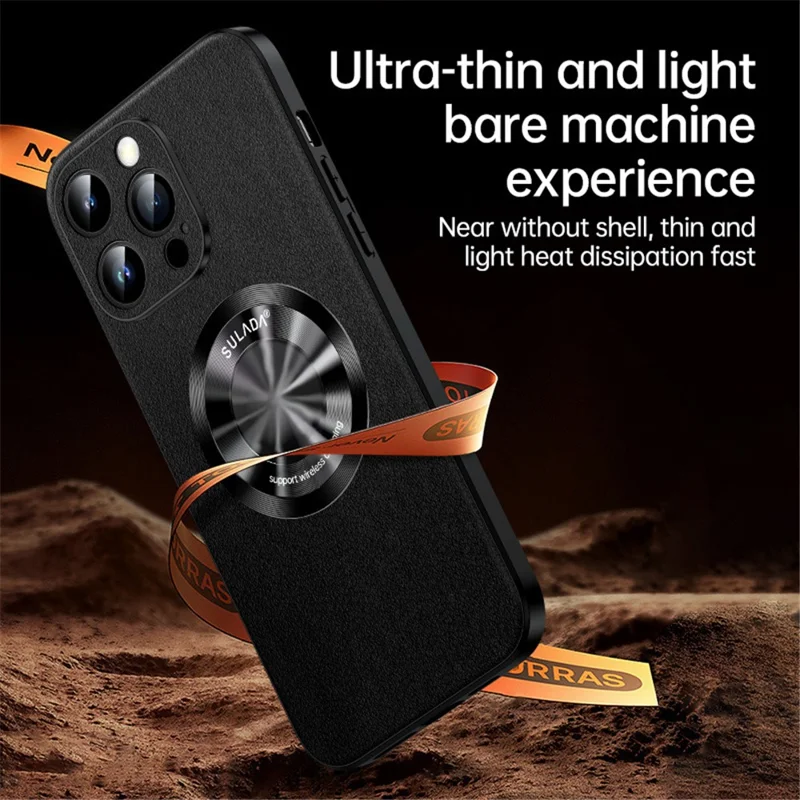 SULADA For iPhone 14 Pro Max Phone Cover Compatible with MagSafe Cowhide Texture PU Leather Coated TPU Case - Black