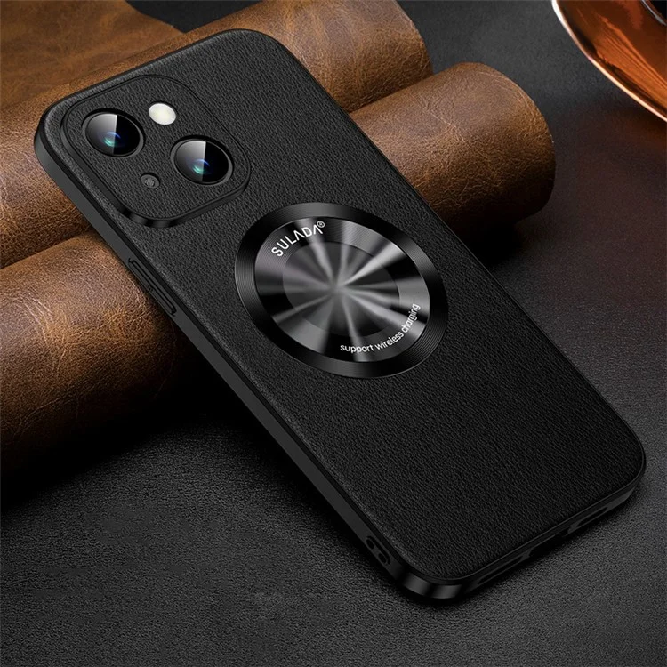SULADA Phone Cover for iPhone 14 Plus , Anti-scratch Cowhide Texture PU Leather Coated TPU Case Compatible with MagSafe - Black