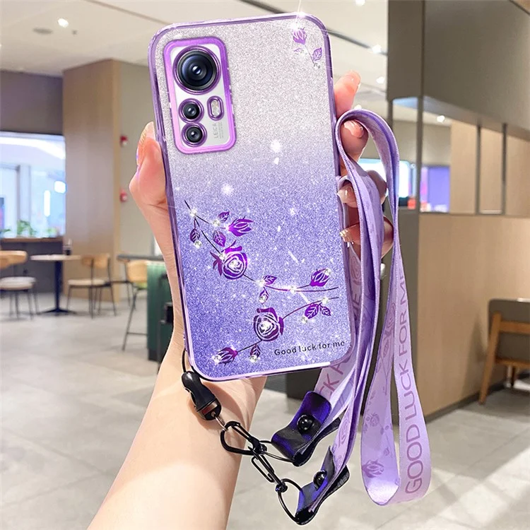 KADEM TPU чехол для задней панели Xiaomi Redmi Note 12S 4G, декоративные блестки в виде цветов с кристаллами, чехол для телефона со шнуром - фиолетовый