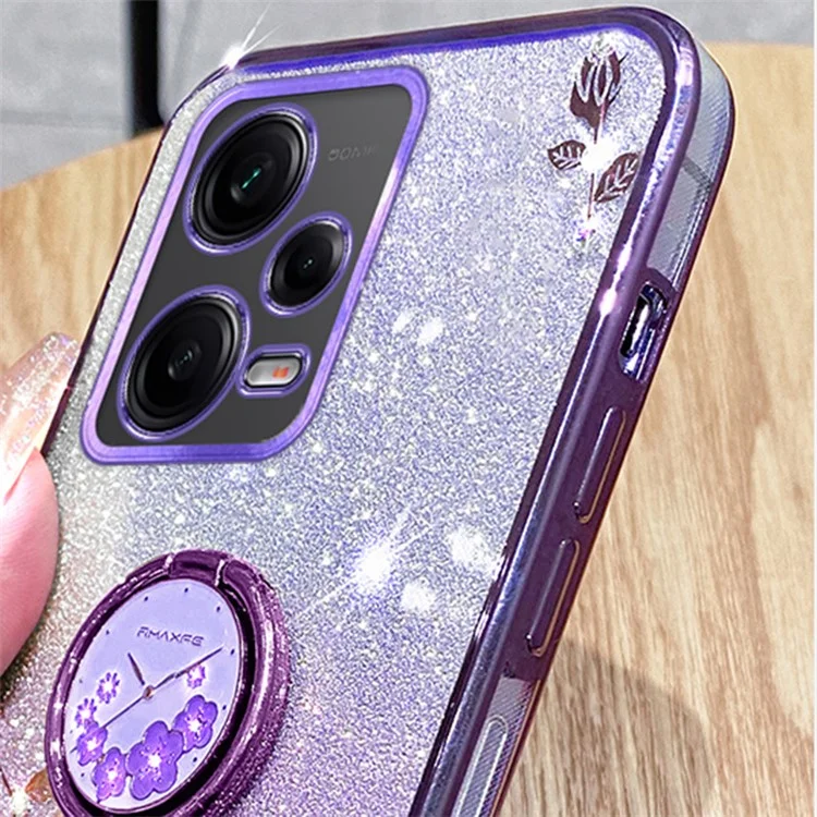KADEM per Xiaomi Redmi Note 12 5G (Globale) / Poco X5 5G Fiore Custodia TPU Glitter Slim-Fit Ring Supporto Guscio Telefono - Viola